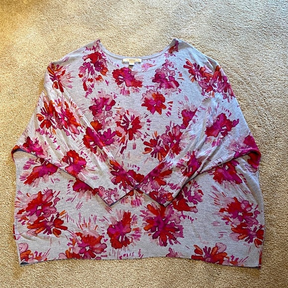 Sejour Batwing Oversized Slouchy Floral Sweater Gray Pink Size 2X - Picture 1 of 11